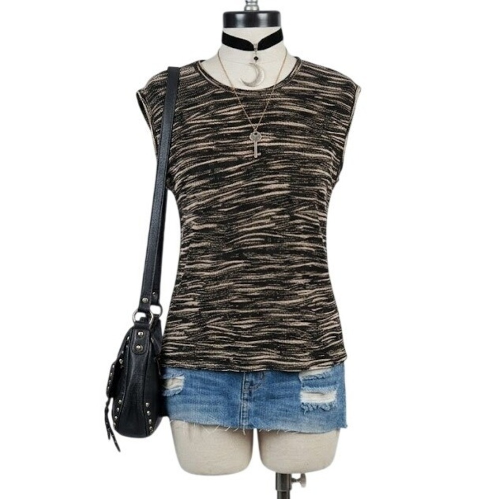 Plisse Sleeveless Top Black Tan Ribbed Tank P Large Vintage 90s
